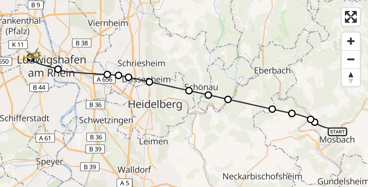 Flugroute Rettungshubschrauber Mosbach - Ludwigshafen Accident Hospital, 28 Mai 2026, 08:17