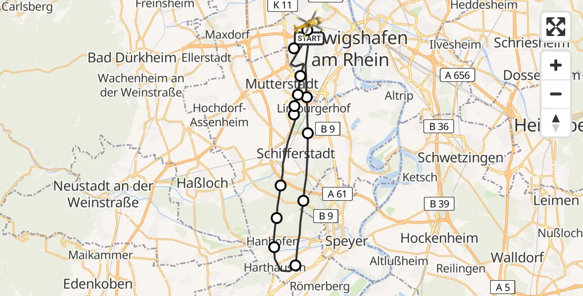 Flugroute Rettungshubschrauber Ludwigshafen am Rhein - Ludwigshafen Accident Hospital Hubschrauberlandeplatz, 28 Mai 2026, 08:19