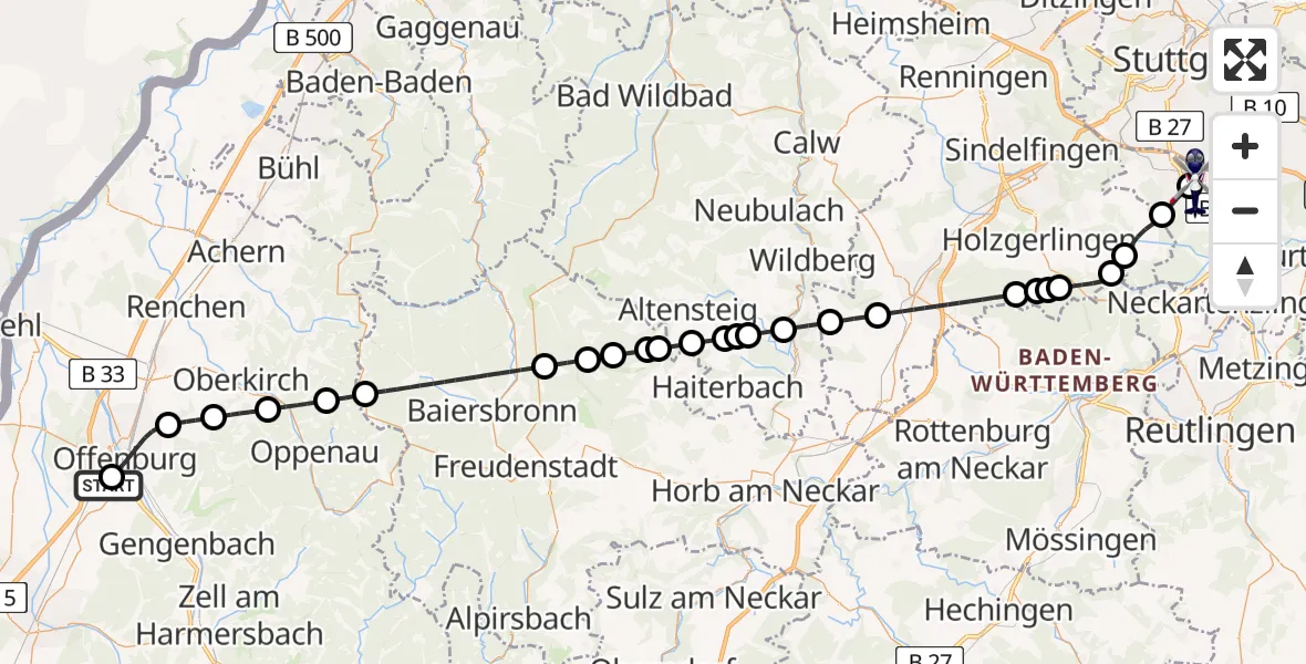Flugroute Polizeihubschrauber Offenburg-Baden Flugplatz - Flughafen Stuttgart, 28 Mai 2026, 08:20
