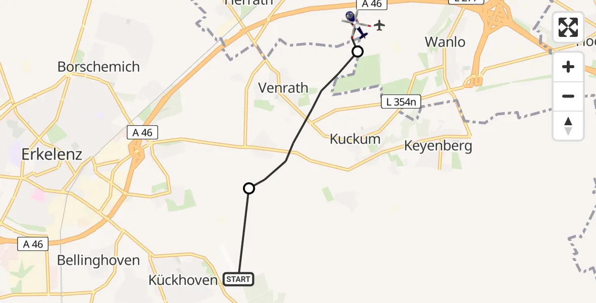 Flugroute Polizeihubschrauber Kückhoven Ultraleichtflugplatz - Wanlo Segelfluggelände, 28 Mai 2026, 08:22