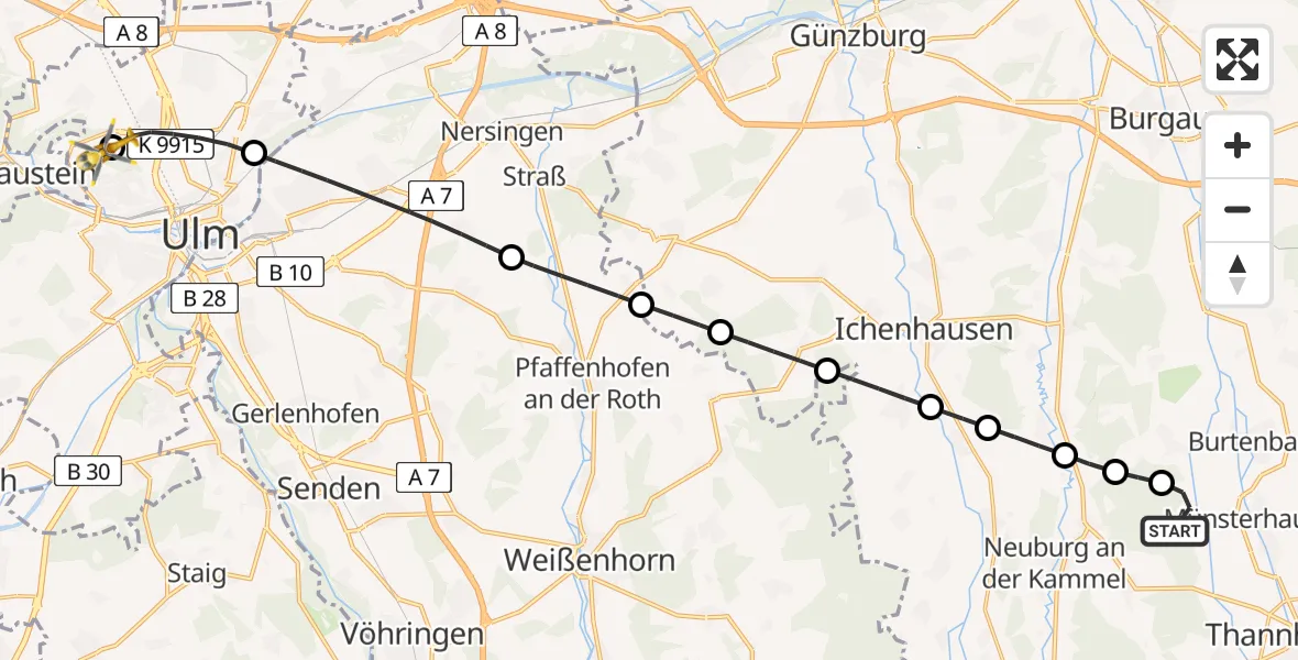 Flugroute Rettungshubschrauber Münsterhausen - Ulm Military Hospital Emergency Hubschrauberlandeplatz, 28 Mai 2026, 08:23