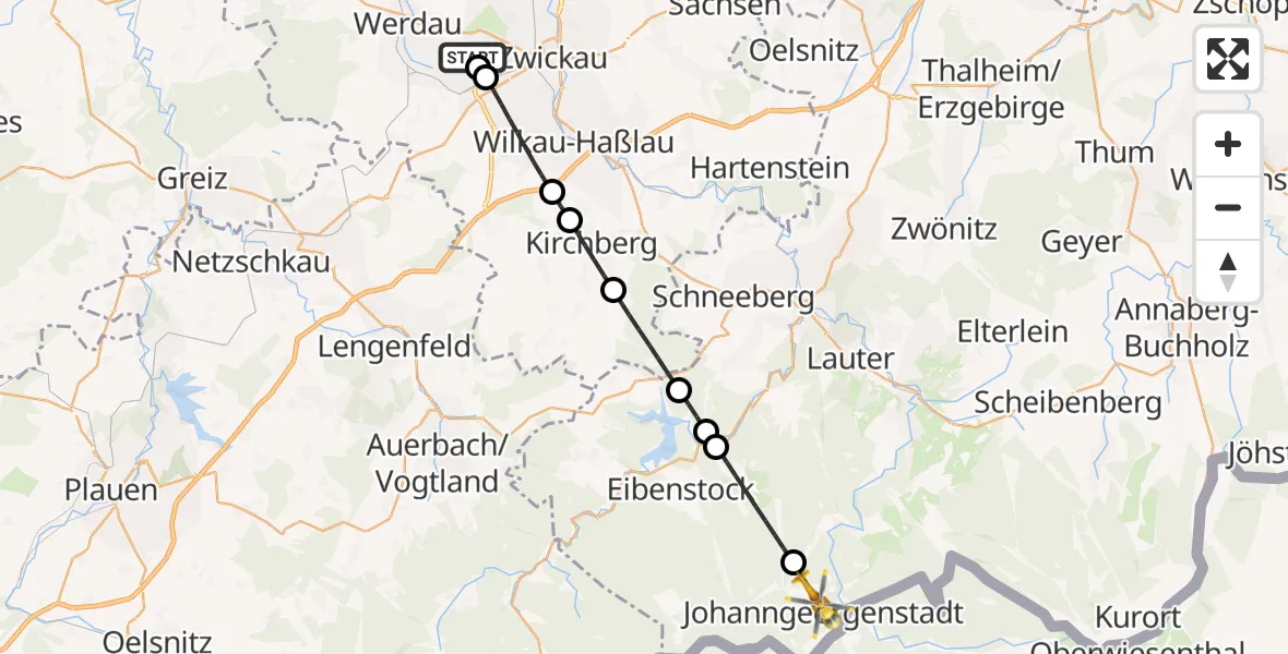 Flugroute Rettungshubschrauber ADAC Air Rescue Station Zwickau Hubschrauberlandeplatz - Johanngeorgenstadt, 28 Mai 2026, 08:24