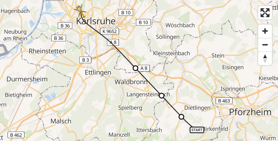 Flugroute Rettungshubschrauber Birkenfeld - Karlsruhe, 28 Mai 2026, 08:27