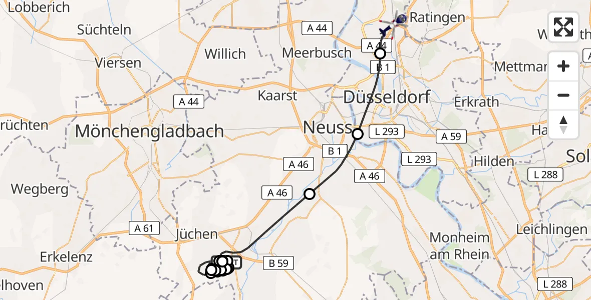 Flugroute Polizeihubschrauber Gustorfer Höhe Flugplatz - Düsseldorf Flughafen, 28 Mai 2026, 08:34