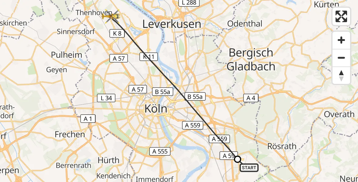 Flugroute Rettungshubschrauber Köln Bonn Flughafen - Köln, 28 Mai 2026, 08:40