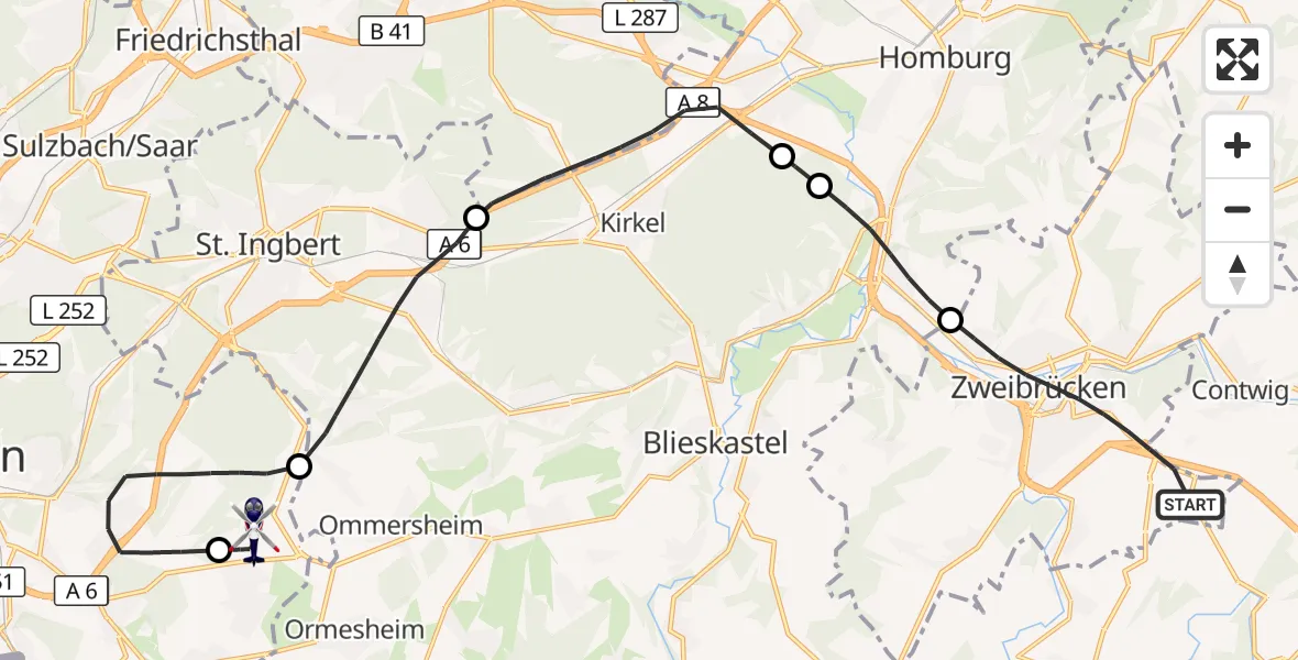Flugroute Polizeihubschrauber Zweibrücken - Flughafen Saarbrücken, 28 Mai 2026, 08:41