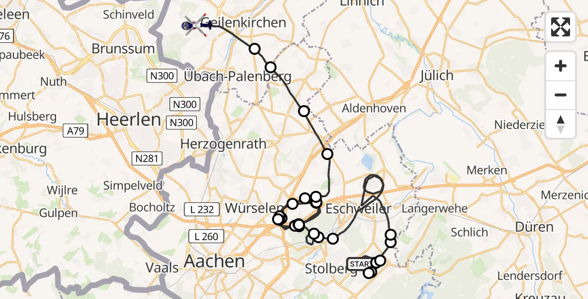 Flugroute Polizeihubschrauber Stolberg (Rhld.) - Militärflugplatz Geilenkirchen, 28 Mai 2026, 08:44