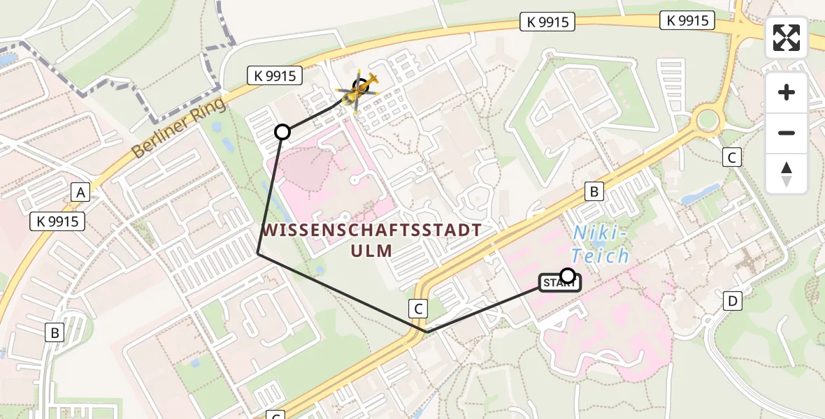 Flugroute Rettungshubschrauber Ulm Military Hospital Emergency - Ulm Military Hospital Emergency, 28 Mai 2026, 08:54