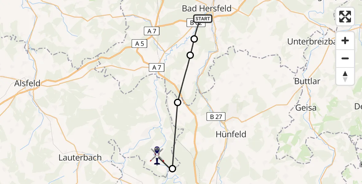 Flugroute Polizeihubschrauber Bad Hersfeld - Schlitz, 28 Mai 2026, 09:00
