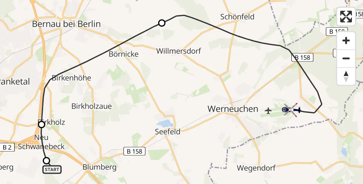 Flugroute Polizeihubschrauber Ahrensfelde Hubschrauberlandeplatz - Werneuchen, 28 Mai 2026, 09:02