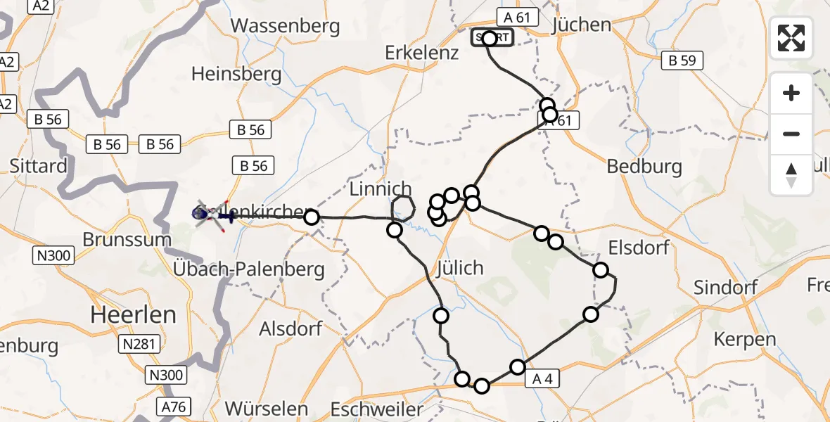 Flugroute Polizeihubschrauber Mönchengladbach - Geilenkirchen, 28 Mai 2026, 09:07