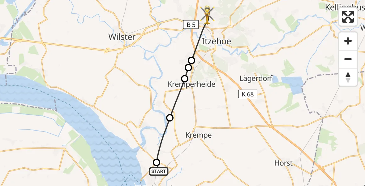 Flugroute Rettungshubschrauber Glückstadt - Itzehoe, 28 Mai 2026, 09:08