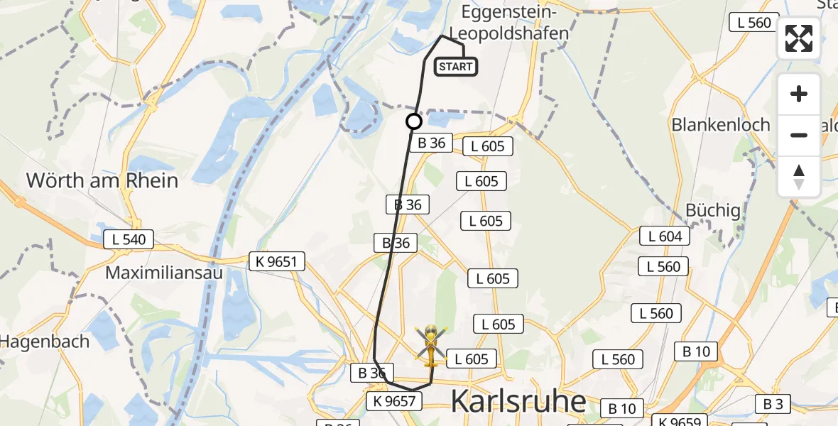 Flugroute Rettungshubschrauber Eggenstein-Leopoldshafen - Karlsruhe, 28 Mai 2026, 09:11