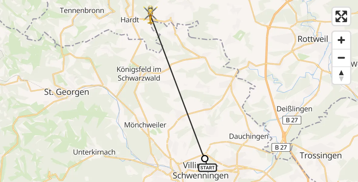 Flugroute Ambulanzhubschrauber DRF Air Rescue Station Villingen-Schwenningen Hubschrauberlandeplatz (Christoph 11) - Eschbronn, 28 Mai 2026, 09:12