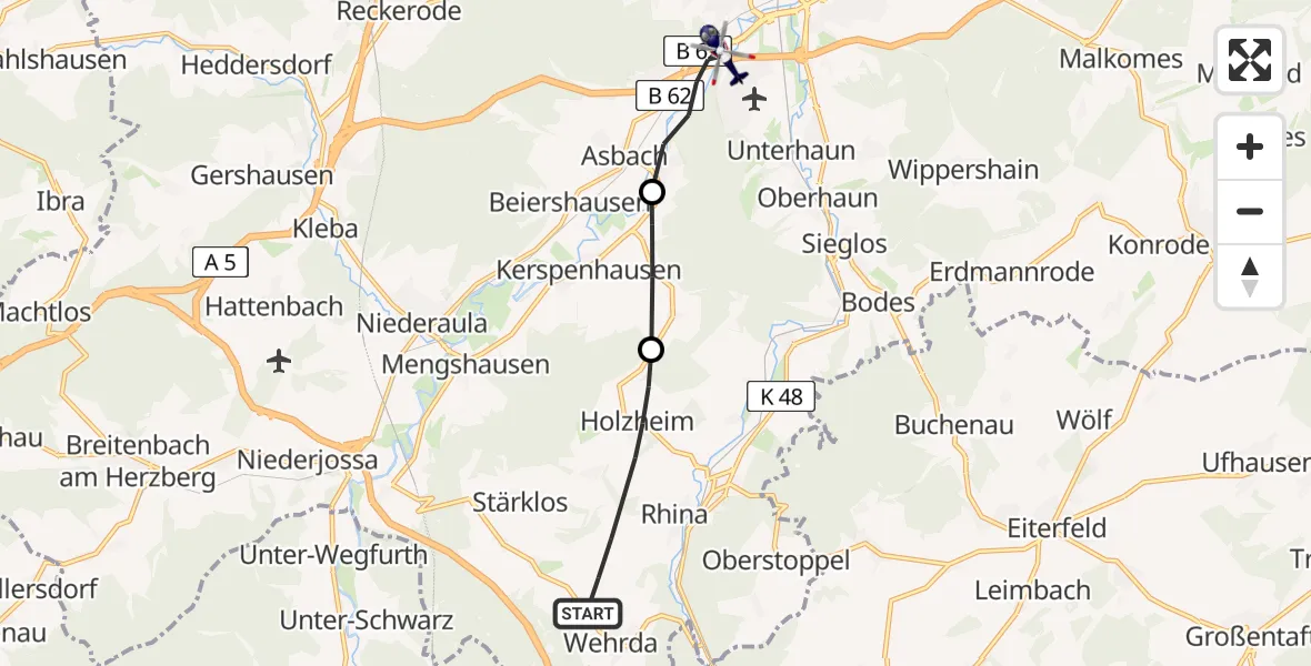 Flugroute Polizeihubschrauber Haunetal - Bad Hersfeld, 28 Mai 2026, 09:15