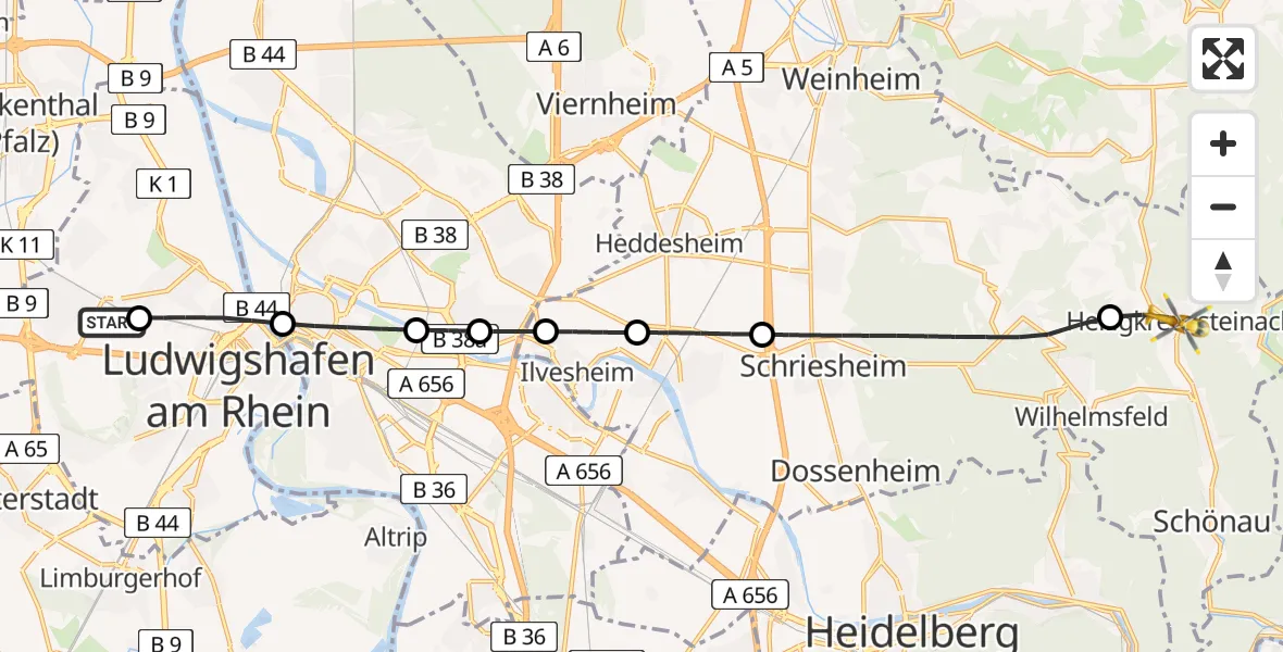 Flugroute Rettungshubschrauber Ludwigshafen Accident Hospital - Heiligkreuzsteinach, 28 Mai 2026, 09:16