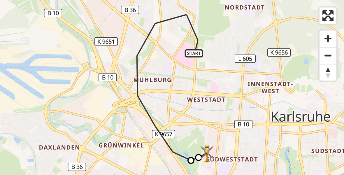 Flugroute Rettungshubschrauber Karlsruhe - Sankt Vincentius Hospital, 28 Mai 2026, 09:20