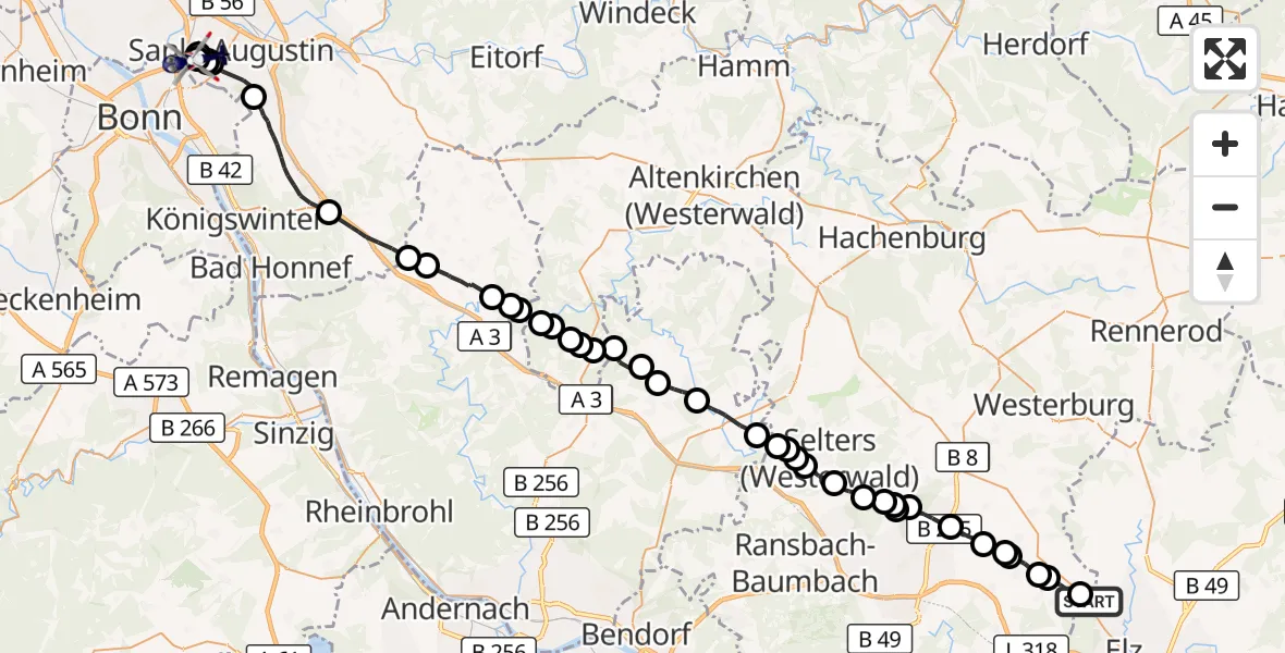 Flugroute Polizeihubschrauber Hadamar - Bonn-Hangelar Flugplatz, 28 Mai 2026, 09:21