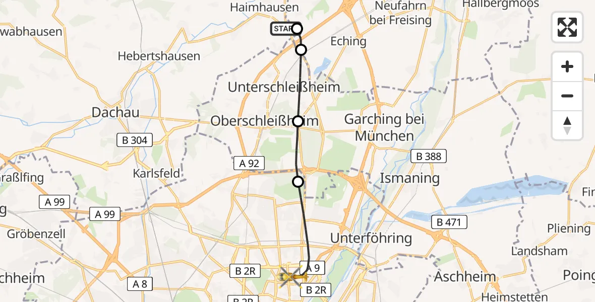Flugroute Rettungshubschrauber Haimhausen - München, 28 Mai 2026, 09:23