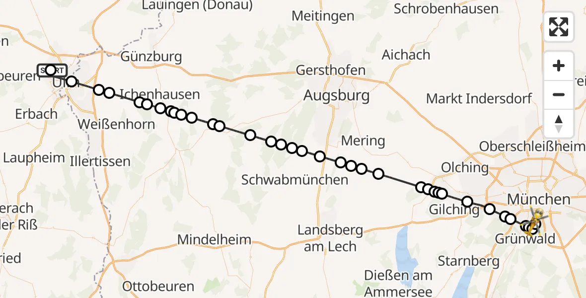 Flugroute Rettungshubschrauber Ulm Military Hospital Emergency - ADAC Air Rescue Center Hubschrauberlandeplatz (Christoph 1), 28 Mai 2026, 09:24