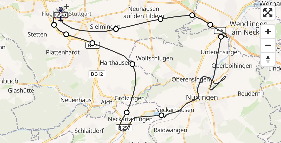 Flugroute Polizeihubschrauber Flughafen Stuttgart - Flughafen Stuttgart, 28 Mai 2026, 09:25