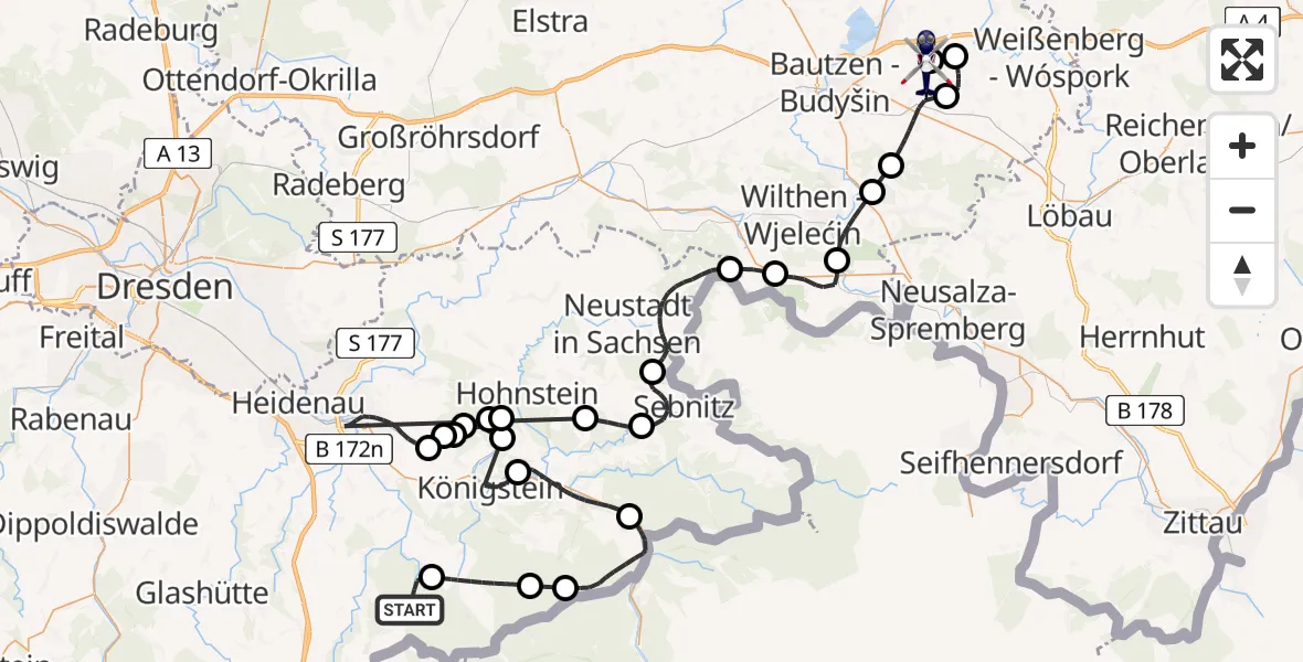 Flugroute Polizeihubschrauber Bad Gottleuba-Berggießhübel - Bautzen Flugplatz, 28 Mai 2026, 09:37