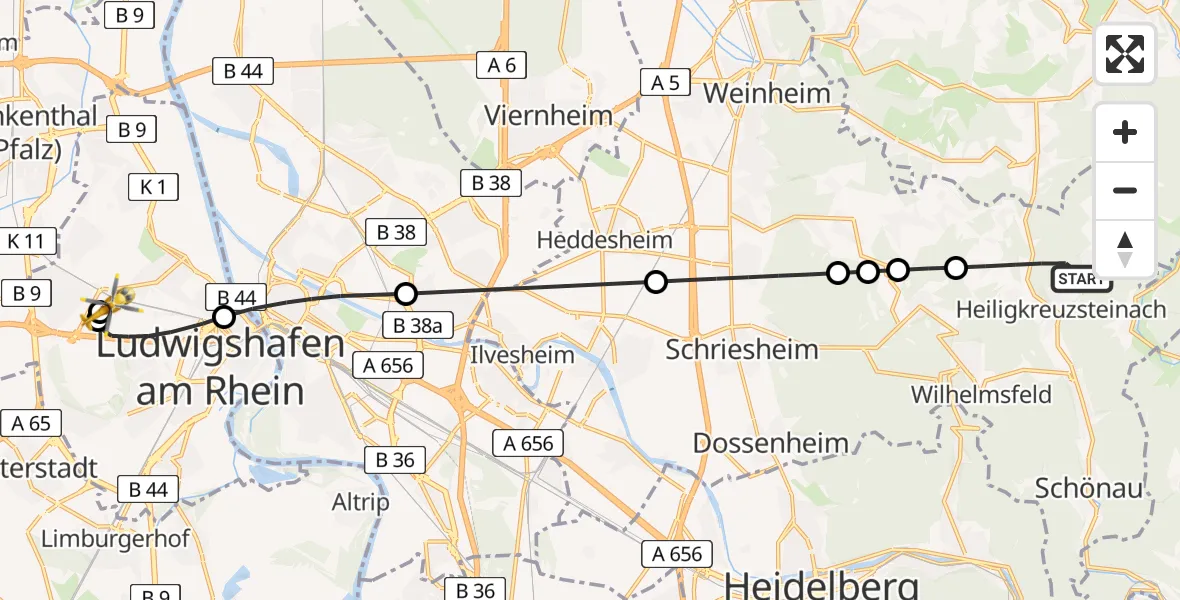 Flugroute Rettungshubschrauber Heiligkreuzsteinach - Ludwigshafen Accident Hospital, 28 Mai 2026, 09:46