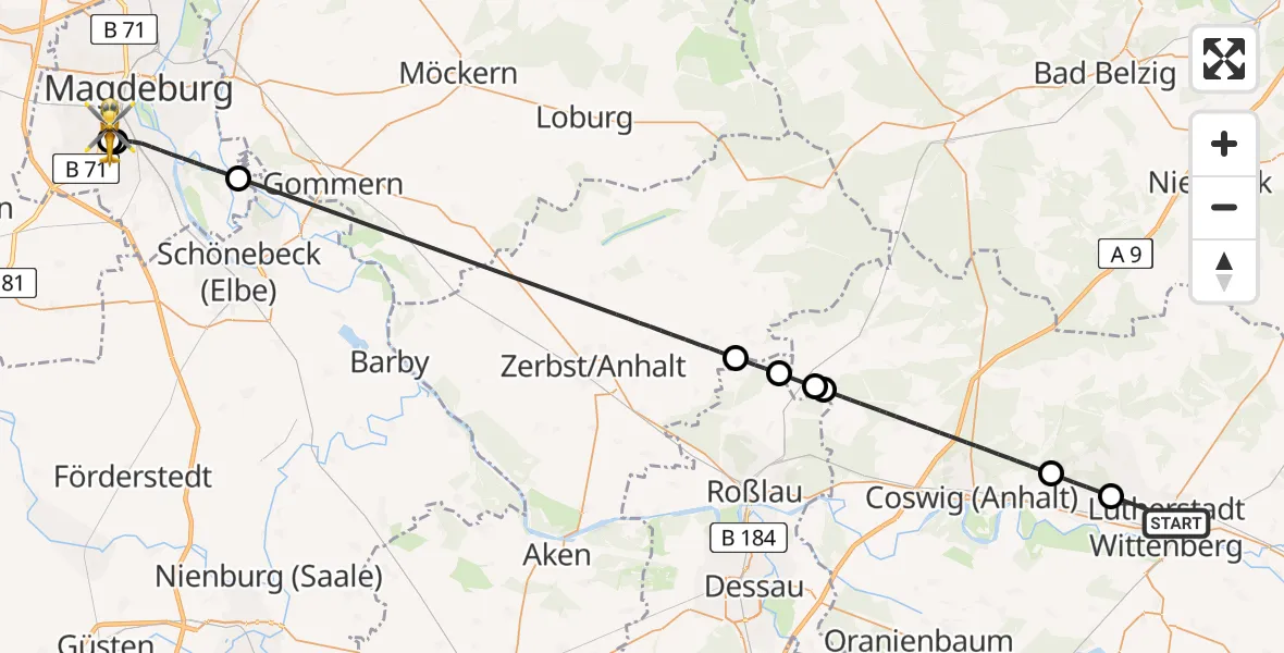 Flugroute Rettungshubschrauber Paul-Gerhardt-Stift Evangelical Hospital - Magdeburg, 28 Mai 2026, 09:49