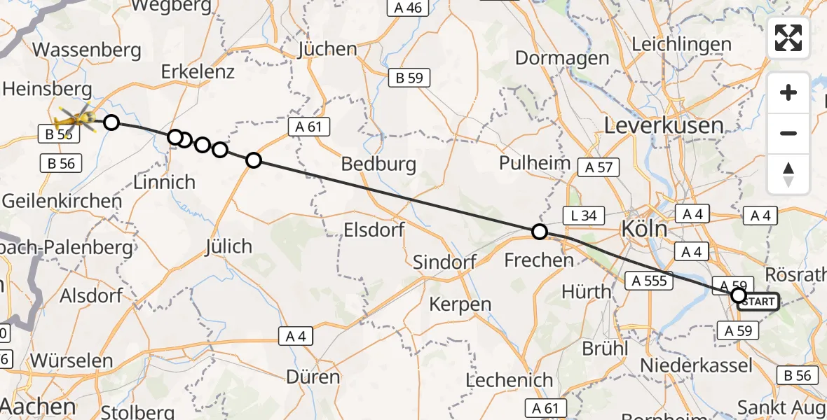 Flugroute Rettungshubschrauber Köln Bonn Flughafen - Heinsberg, 28 Mai 2026, 09:56