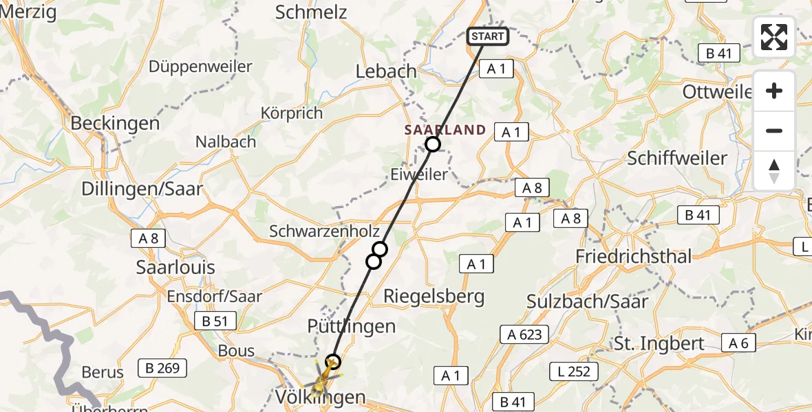 Flugroute Rettungshubschrauber Eppelborn - Völklingen, 28 Mai 2026, 10:11