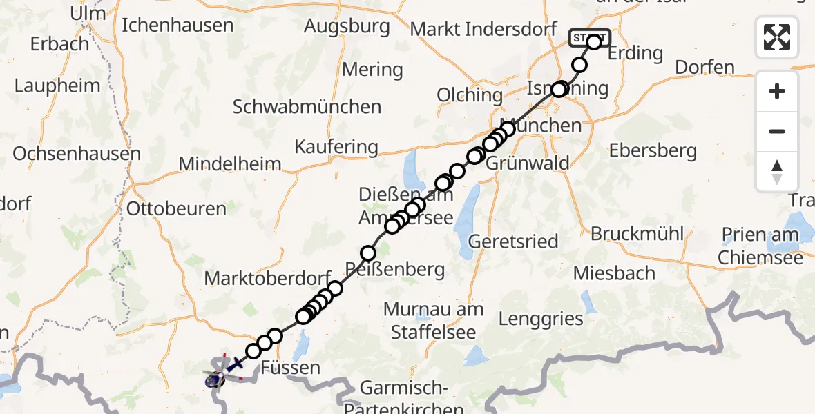 Flugroute Polizeihubschrauber München Flughafen - Pfronten, 28 Mai 2026, 10:14