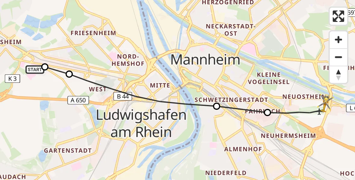 Flugroute Rettungshubschrauber Ludwigshafen Accident Hospital - Mannheim-City Flughafen, 28 Mai 2026, 10:19