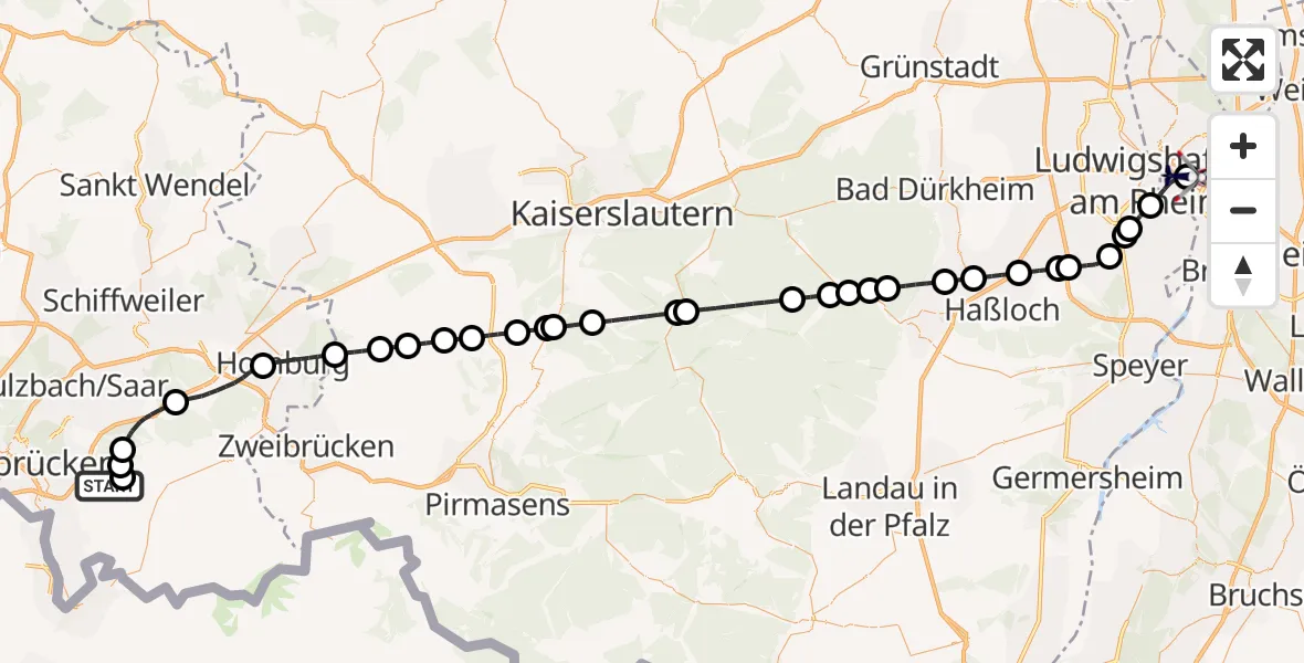 Flugroute Polizeihubschrauber Flughafen Saarbrücken - Mannheim-City Flughafen, 28 Mai 2026, 10:25