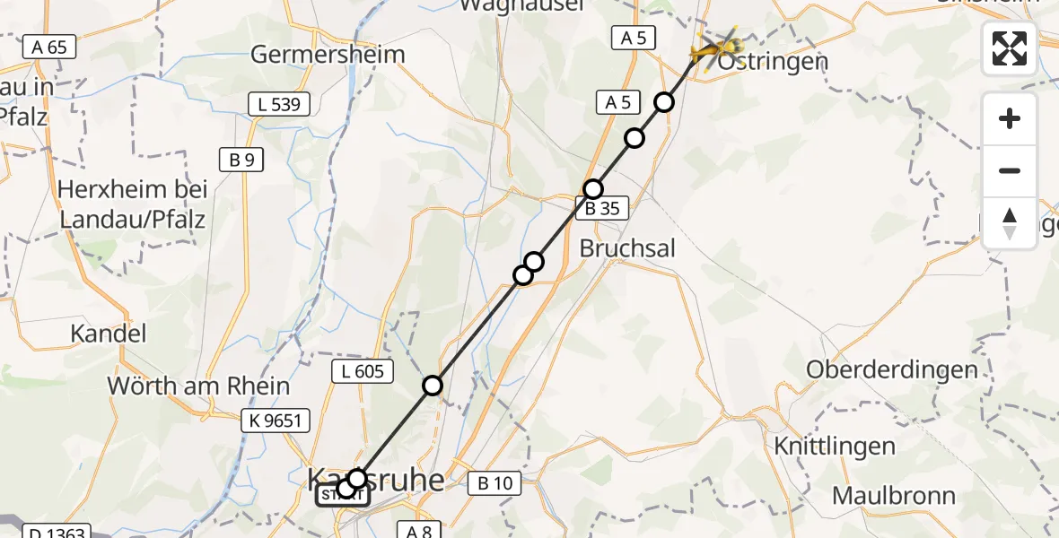 Flugroute Rettungshubschrauber Sankt Vincentius Hospital - Bad Schönborn, 28 Mai 2026, 10:33