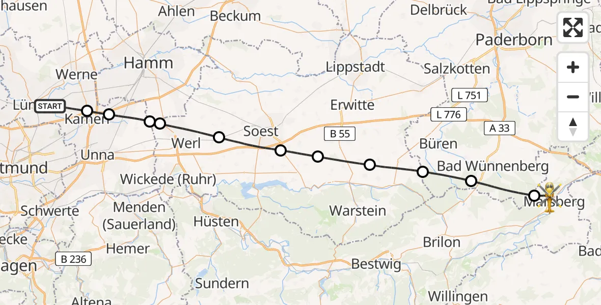 Flugroute Rettungshubschrauber Bergkamen - Marsberg, 28 Mai 2026, 10:40