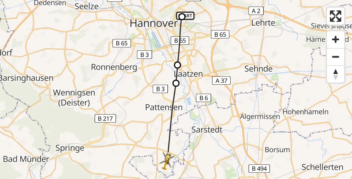 Flugroute Rettungshubschrauber Hannover Luftrettung Hubschrauberlandeplatz (Christoph 4) - Pattensen, 28 Mai 2026, 10:45