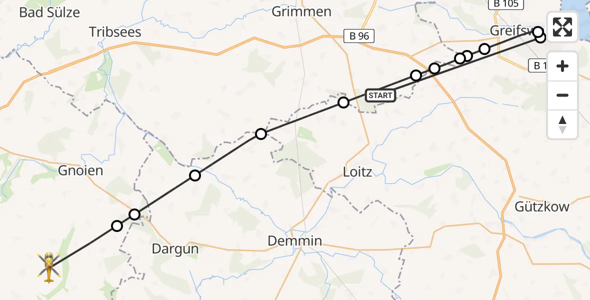 Flugroute Rettungshubschrauber Süderholz - Jördenstorf, 28 Mai 2026, 10:47
