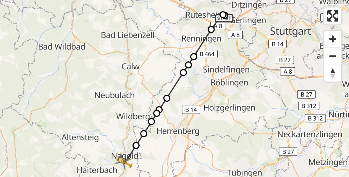 Flugroute Rettungshubschrauber Leonberg Hospital - Nagold, 28 Mai 2026, 10:47