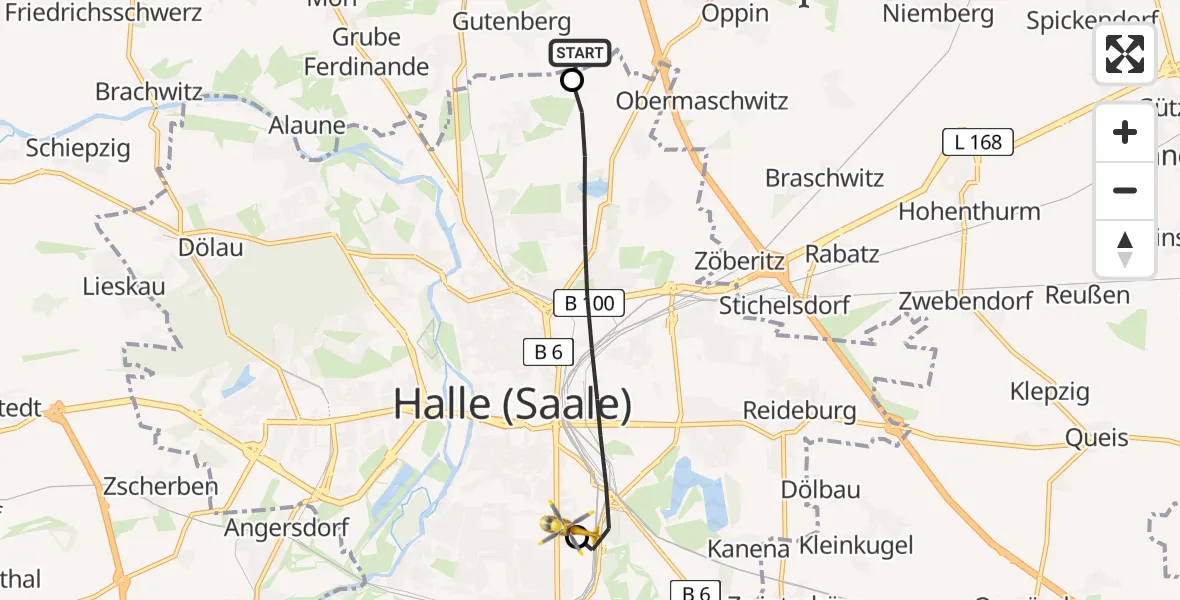 Flugroute Rettungshubschrauber Petersberg - BG Hospital Bergmannstrost Halle, 28 Mai 2026, 10:51
