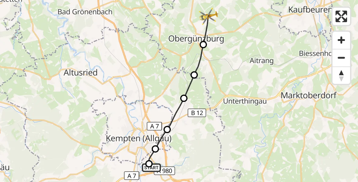 Flugroute Rettungshubschrauber Kempten-Durach Flugplatz - Obergünzburg, 28 Mai 2026, 10:51