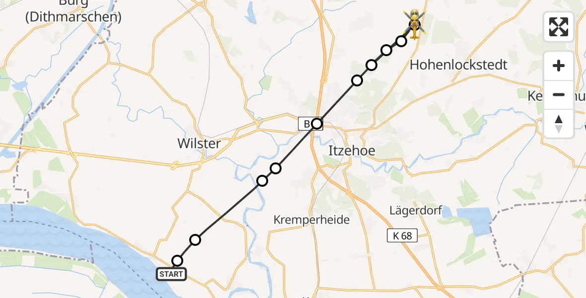 Flugroute Rettungshubschrauber Brokdorf - Itzehoe Hungriger Wolf Flugplatz, 28 Mai 2026, 10:53