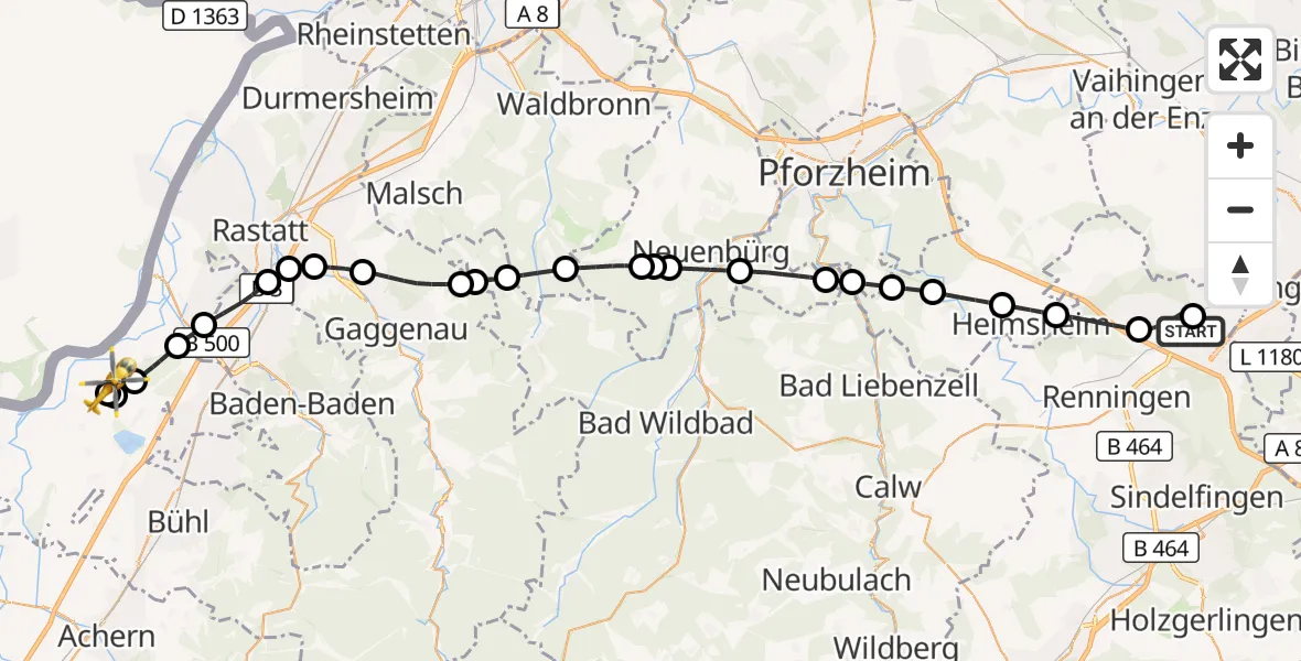 Flugroute Ambulanzhubschrauber Leonberg Hospital - Karlsruhe Baden-Baden Flughafen, 28 Mai 2026, 10:53