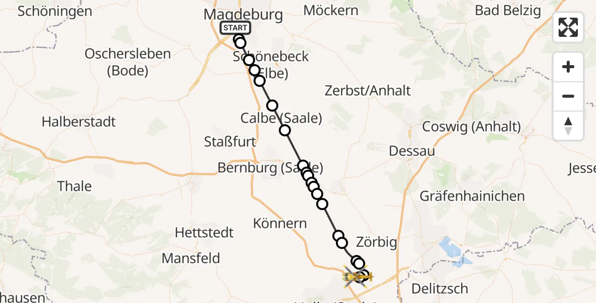 Flugroute Rettungshubschrauber Magdeburg - Halle-Oppin Flugplatz, 28 Mai 2026, 11:03