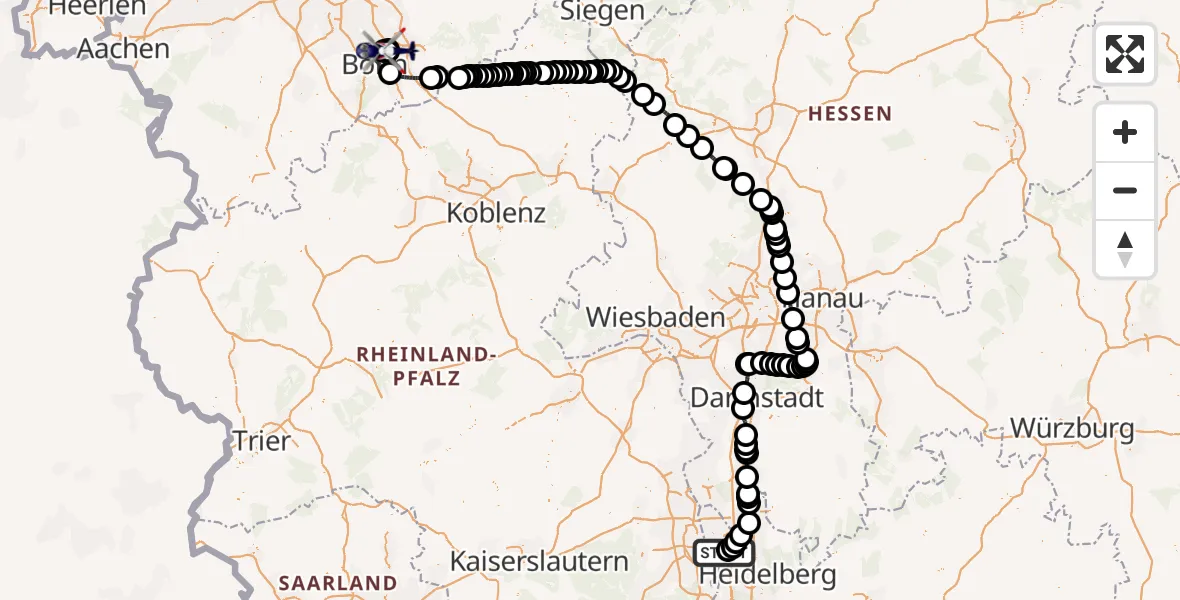 Flugroute Polizeihubschrauber Mannheim-City Flughafen - Sankt Augustin, 28 Mai 2026, 11:04
