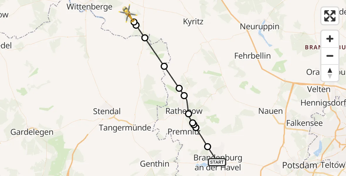Flugroute Rettungshubschrauber Brandenburg an der Havel - Bad Wilsnack, 28 Mai 2026, 11:04