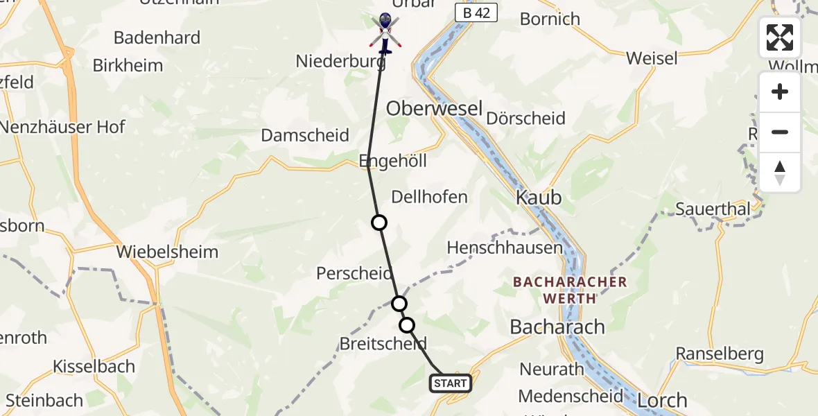 Flugroute Polizeihubschrauber Bacharach - Urbar, 28 Mai 2026, 11:12