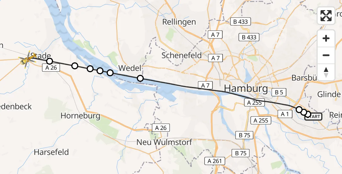 Flugroute Ambulanzhubschrauber Christoph Hansa ADAC Hubschrauberlandeplatz - Stade, 28 Mai 2026, 11:14
