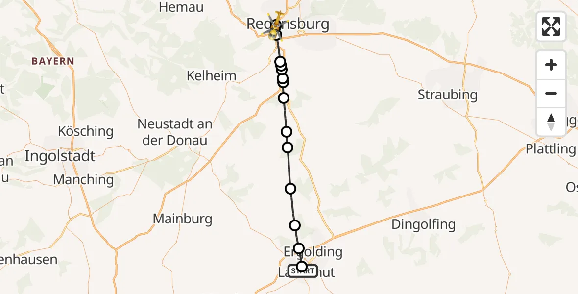 Flugroute Rettungshubschrauber Landshut Hospital - Barmherzige Brüder (Brothers of Mercy) Hospital Regensburg, 28 Mai 2026, 11:19
