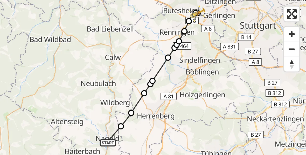 Flugroute Rettungshubschrauber Nagold - Leonberg Hospital, 28 Mai 2026, 11:24