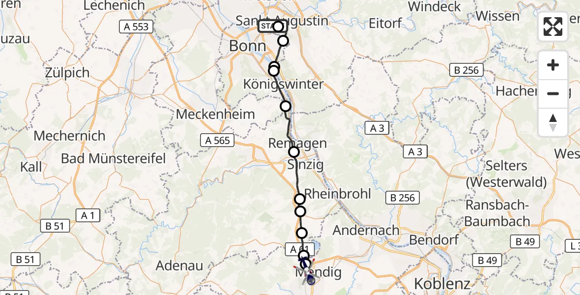 Flugroute Polizeihubschrauber Bonn-Hangelar Flugplatz - Mendig, 28 Mai 2026, 11:34